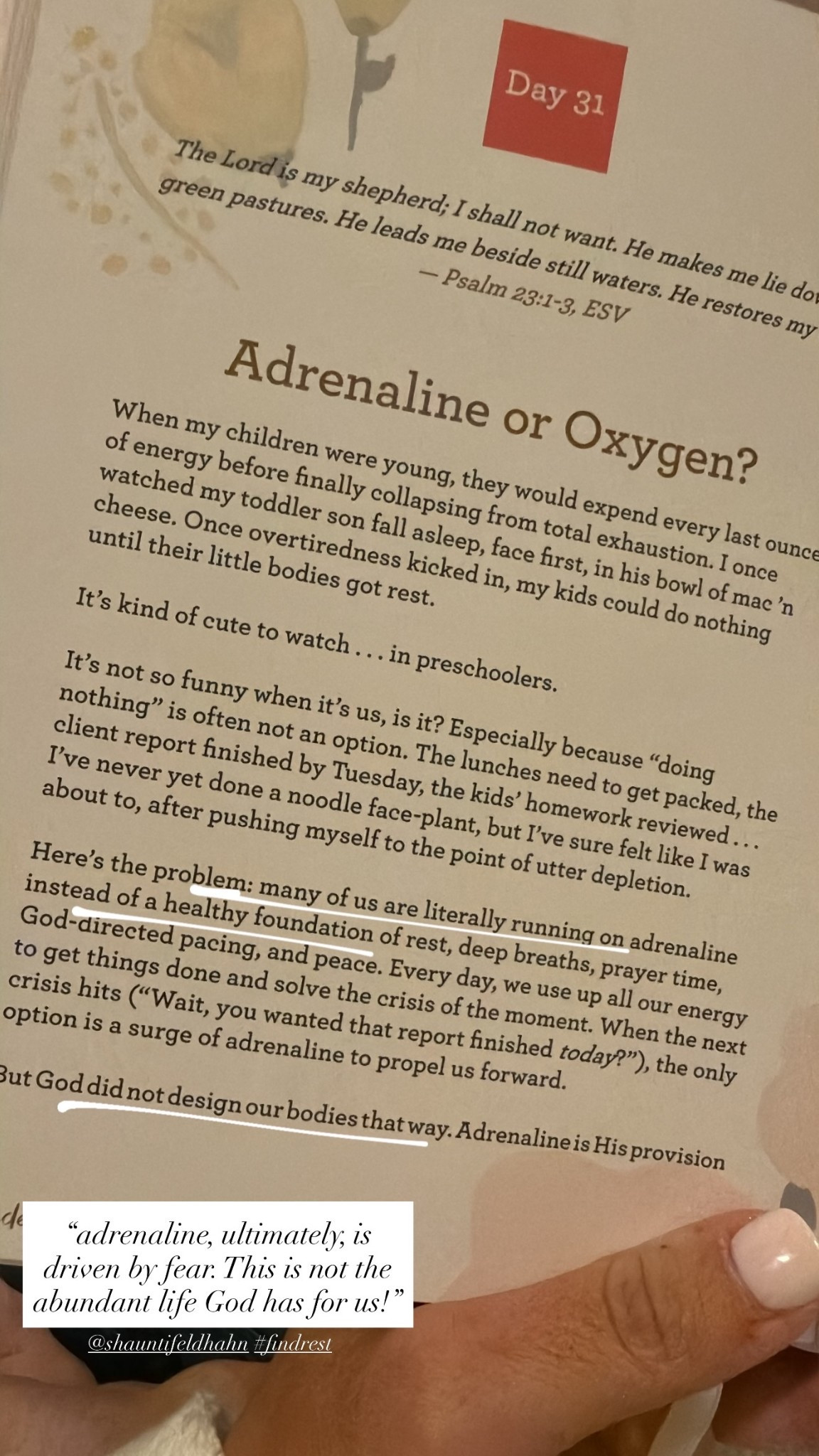 “adrenaline, ultimately, is driven by fear. This is not the abundant life God has for us!” 

@shauntifeldhahn #findrest

#LTKmorningroutine #LTKdayinmylife #LTKmomlife