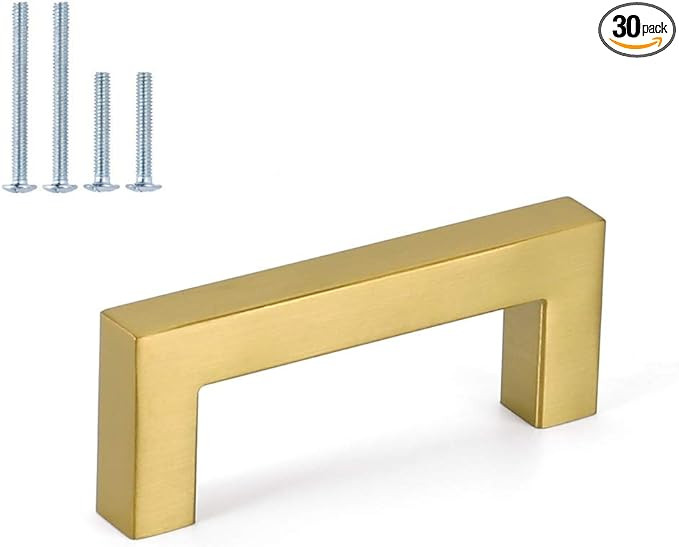 homdiy 3 Inch Cabinet Handles Brushed Brass Kitchen Cabinet Pulls 30 Pack - Gold Cabinet Pulls Sq... | Amazon (US)