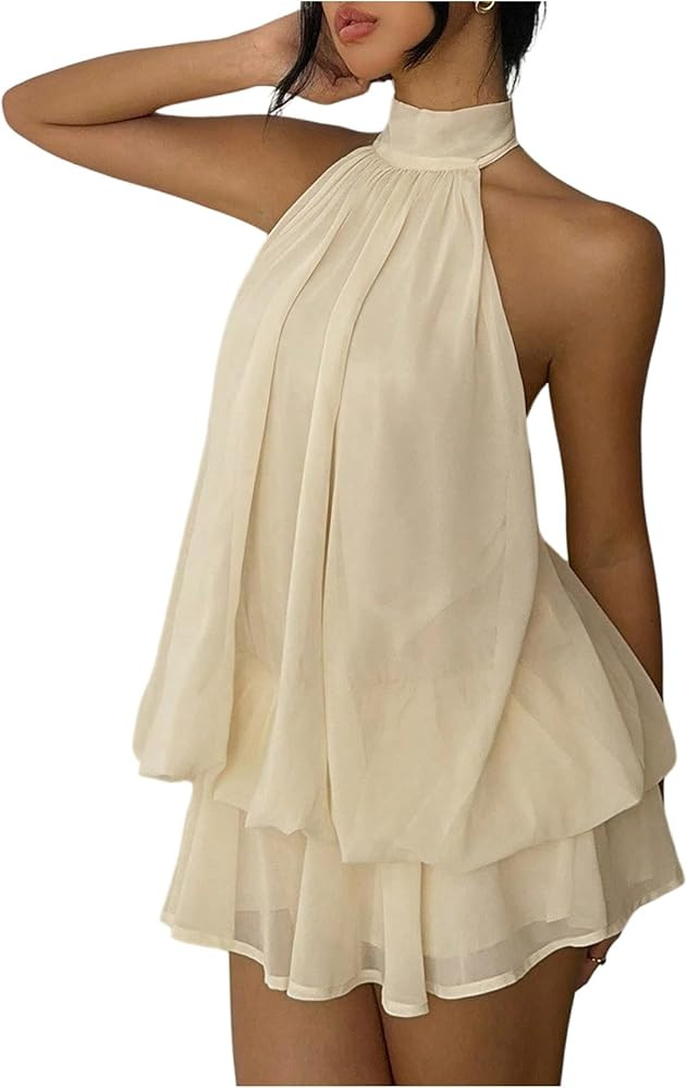 Verdusa Women's Tie Back Halter Chiffon Dresses Ruffle Mini Dress Brunch Outfits | Amazon (US)