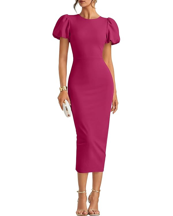 ZESICA Women's Summer Short Sleeve Bodycon Midi Dress 2026 Spring Elegant Formal Wedding Guest Co... | Amazon (US)