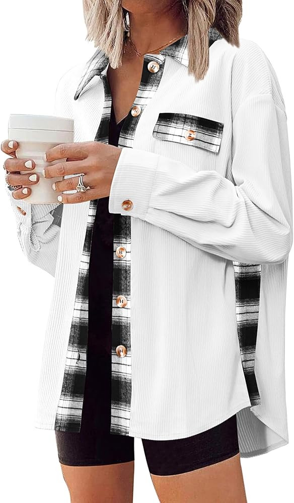 Zeagoo Womens Corduroy Flannel Shacket Jacket Casual Plaid Button Down Shirts Long Sleeve Fall To... | Amazon (US)