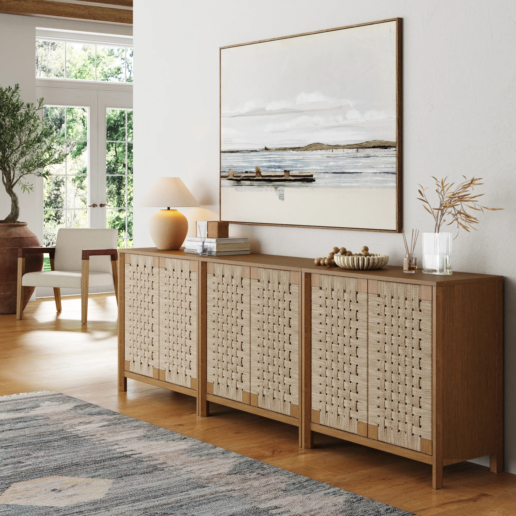 Boho Woven Seagrass Storage Cabinet Credenza Light Brown (Set of 3) | Nathan James