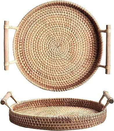 YANGQIHOME Rattan Round Bread Serving Basket Handcrafted Bread Serving Tray Platter with Wooden H... | Amazon (US)