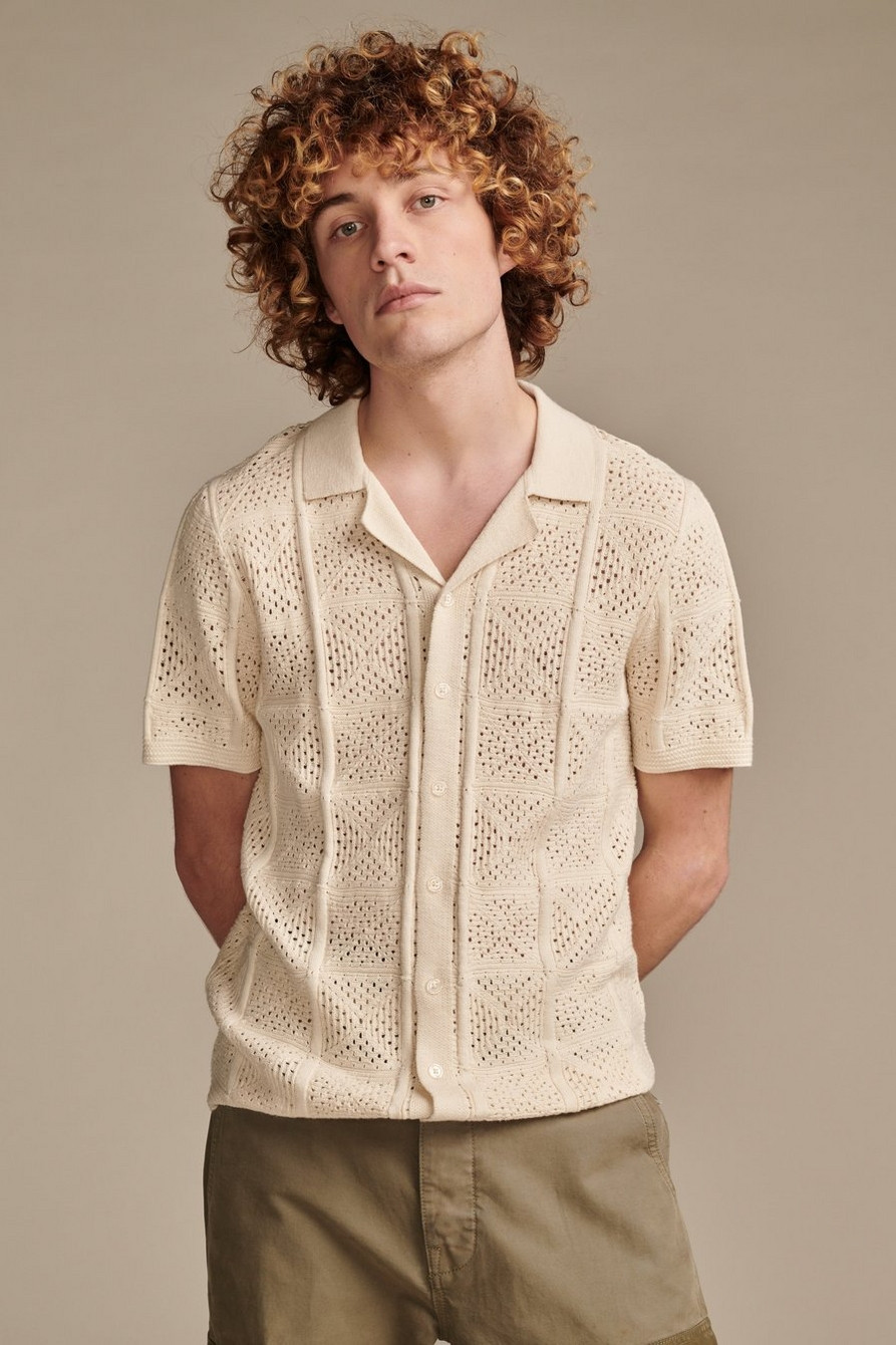 CROCHET CAMP COLLAR SHORT SLEEVE SHIRT | Lucky Brand