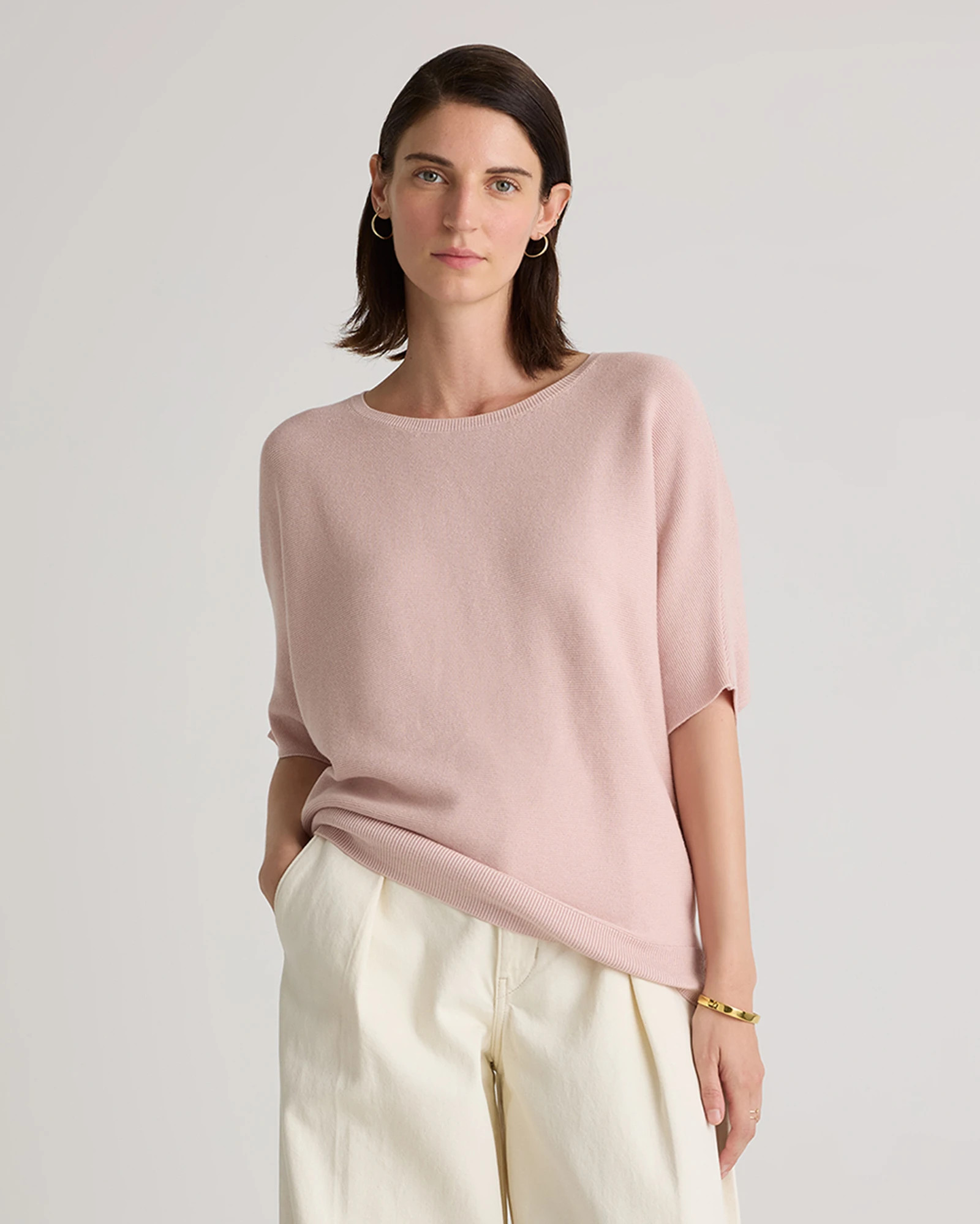 Lightweight Cotton Cashmere Link-Stitch Dolman Sweater  in Pale Custard Yellow | Quince