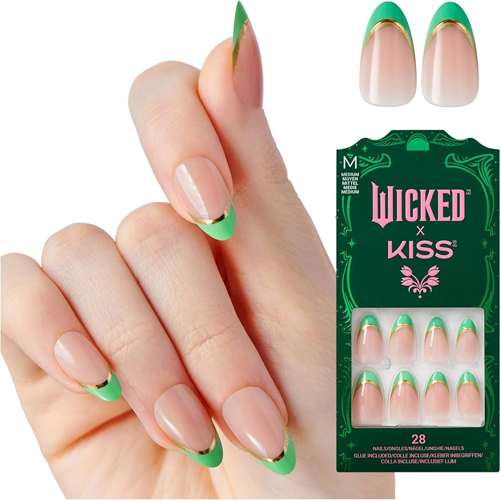 WICKED X KISS Press On Nails Almond, ‘Thrillifying!’, Green, Medium, Waterproof, Chip Proof, ... | Amazon (US)