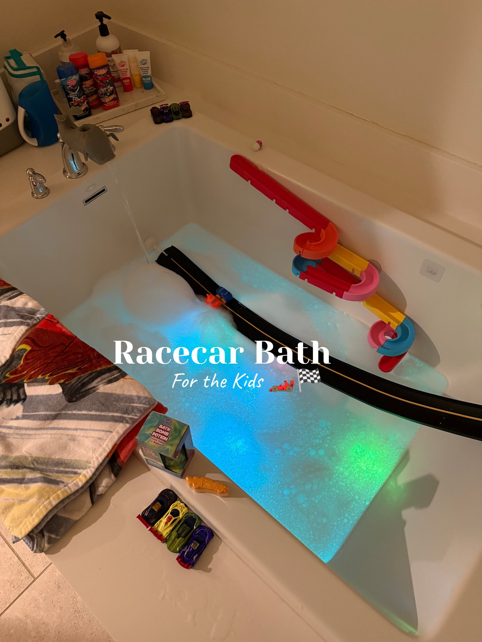 Help me setup a racecar inspired bath dor my boys 💦🏎️🏁 My boys are big Hotwheels guys, so I knew this would go over big with them! 

Amazon, hot wheels bath, bath toys for kids, hot wheels towels, bath lights, color chaging cars, hotwheels bath bombs, bathtub racetrack, bath toys, kids gift ideas

#LTKmomlife #LTKKids #LTKstorytime