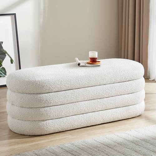 BFD Storage Ottoman Bench 49.2 Inch Upholstered Fabric End of Bed Storage Bench Aesthetic Large Foot of Bed Storage Bench for Bedroom Living Room Entryway (Ivory) | Amazon (US)