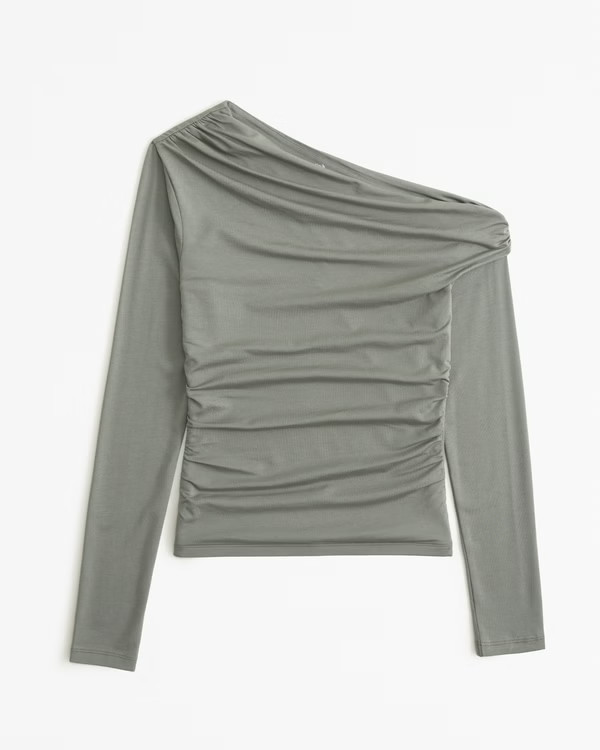Long-Sleeve Asymmetrical Off-The-Shoulder Draped Top | Abercrombie & Fitch (US)