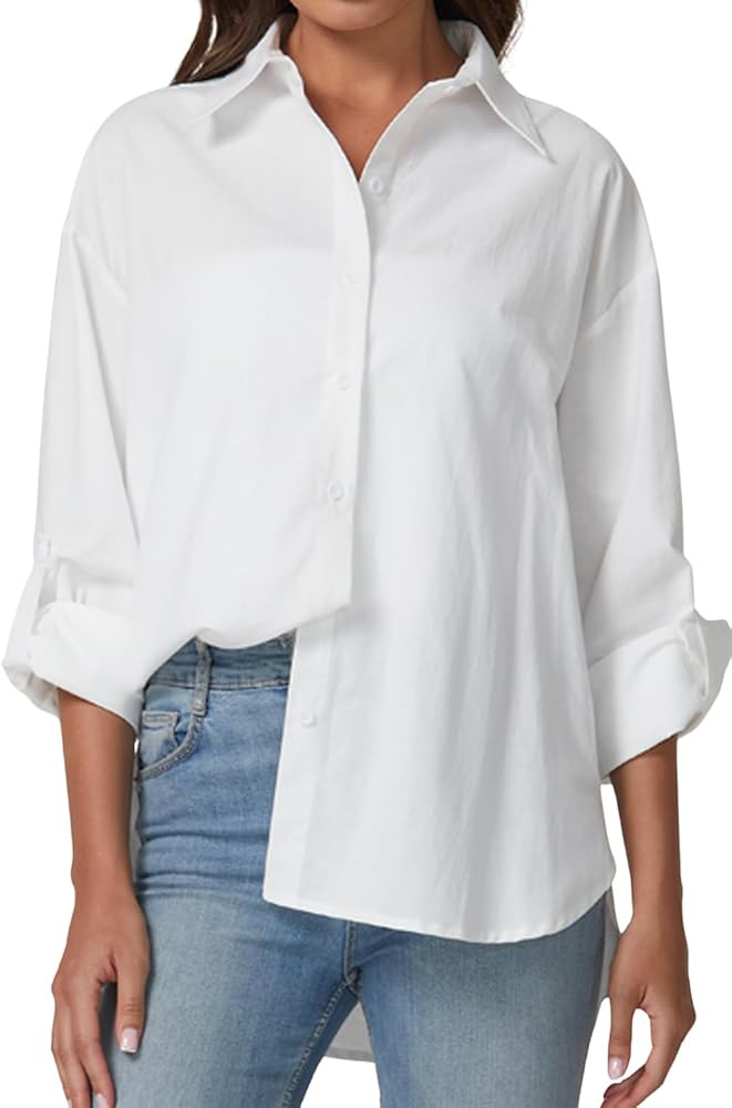 QINSEN Oversized Button Down Shirts for Women Long Sleeve Striped Casual Blouse Cotton Tops | Amazon (US)