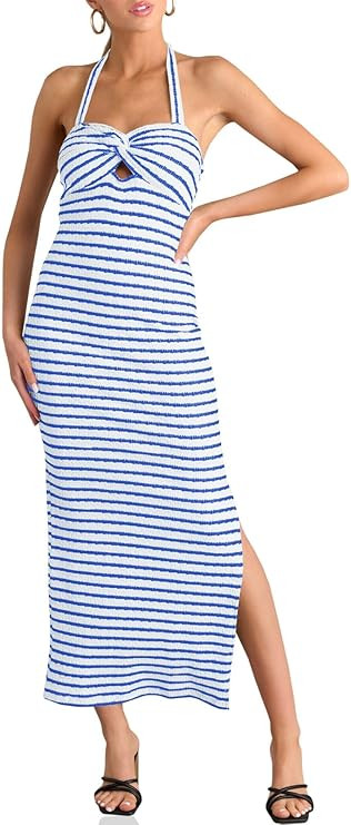 Wenrine Womens Summer Striped Halter Neck Dress Sexy Twist Front Cut Out High Split Casual Sleeve... | Amazon (US)
