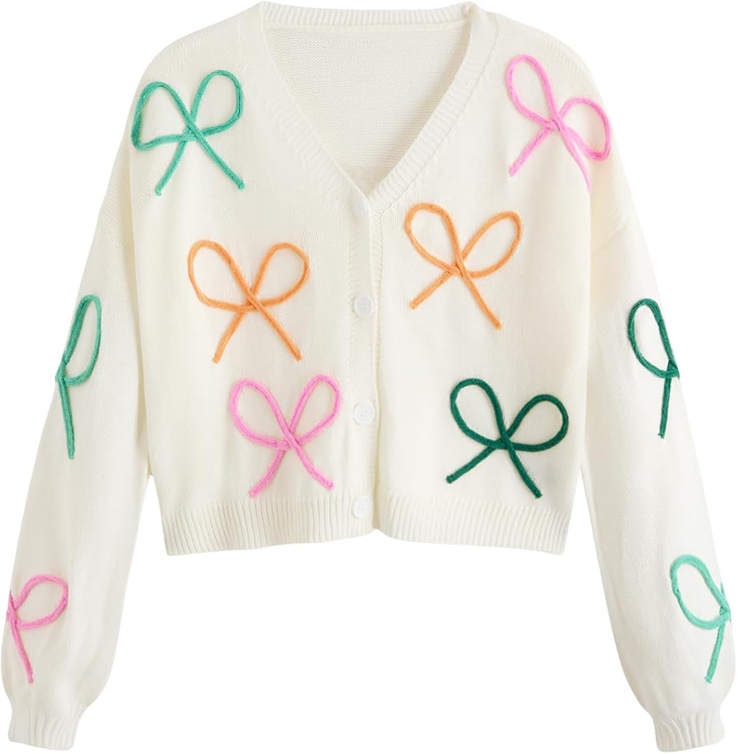 GORGLITTER Women's Bow Button Up Cardigan Sweater V Neck Long Sleeve Oversized Fall Cardigans | Amazon (US)