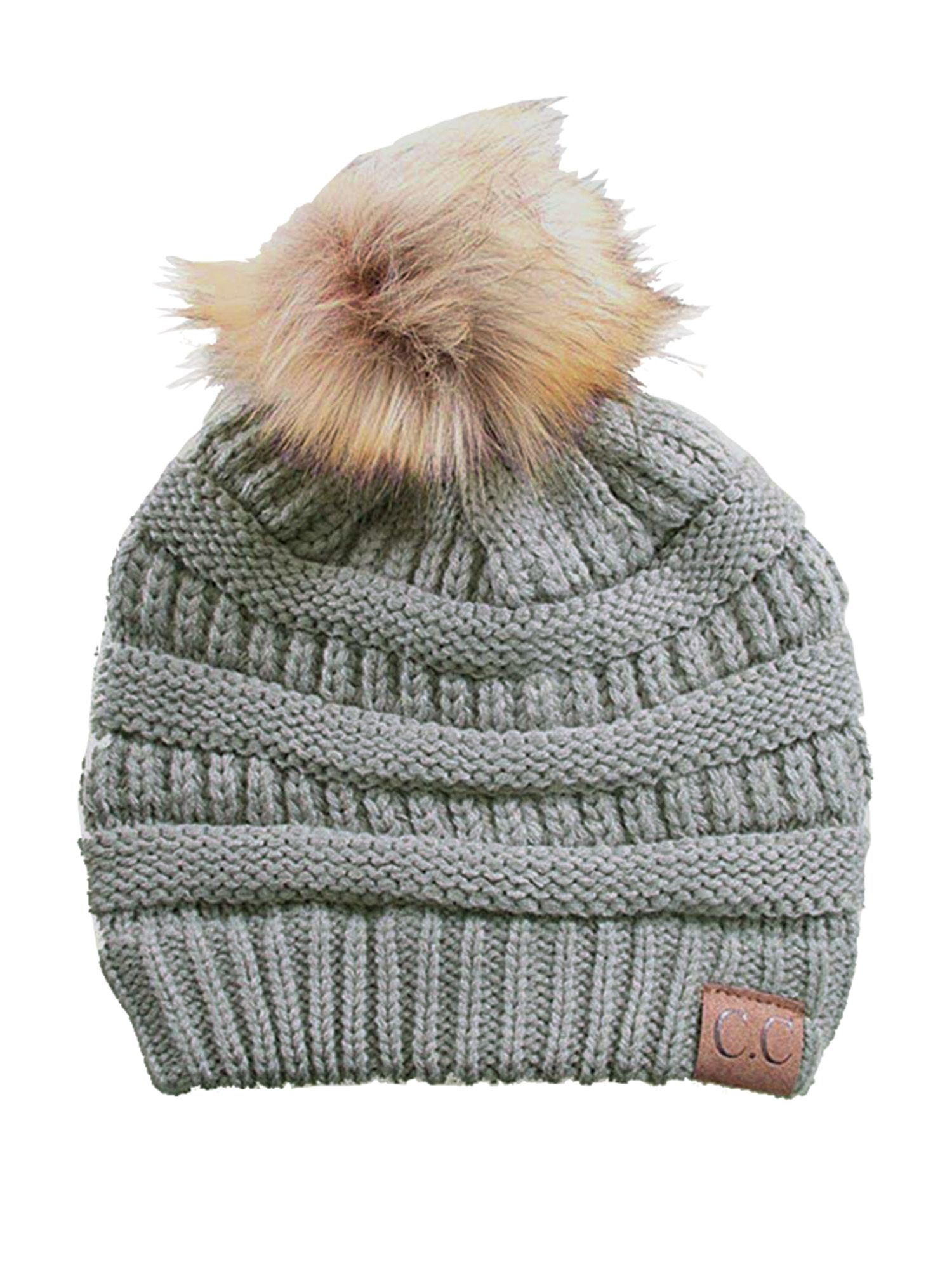 Gravity Threads Cable Knit Faux Fur Pom Pom Beanie Hat | Walmart (US)