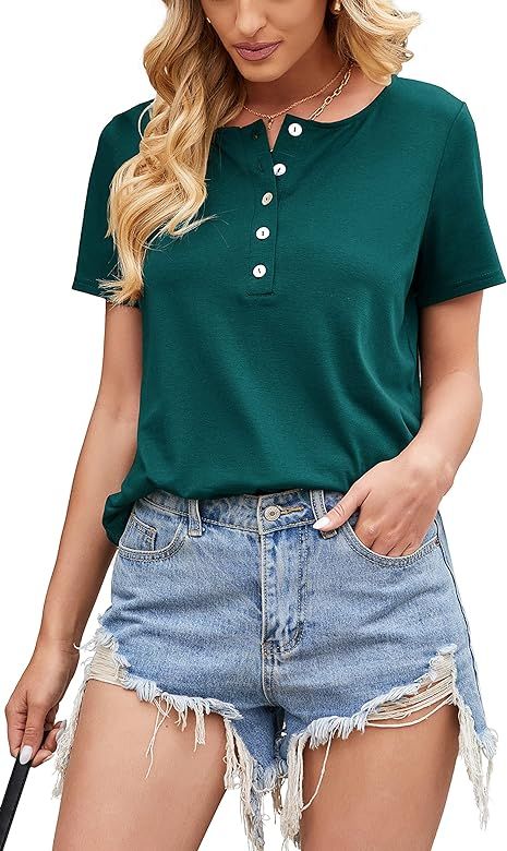 Aifer Women's Summer Tops Button Down Henley Shirts Short Sleeve Tunic Blouse Tops | Amazon (US)