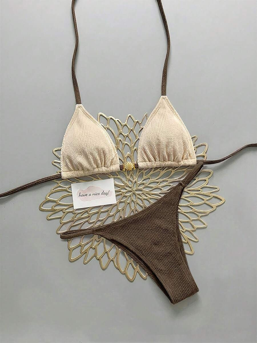 Swim Vcay 2pcs Women's Summer Casual Vacation Beach Wear Textured Color Block Metal Shell Decor S... | SHEIN