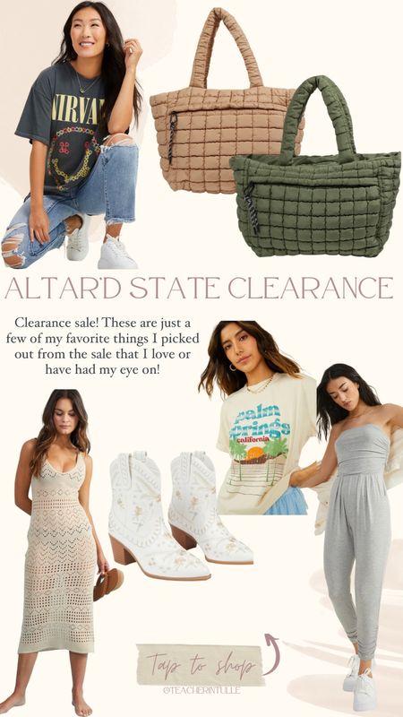 Altar’s state clearance sale is so good! A lot of embroidered boots, graphic tees and some summer finds like the free people jumpsuit or the free people puffer bags! All super affordable! 

#LTKunder50 #LTKFind #LTKsalealert