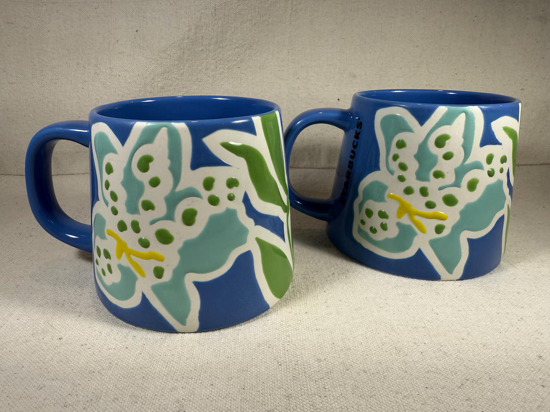 Pair of Starbucks 2021 Embossed Iris Flower Blue 12 Ounce Mugs Tapered With Flared Base - Etsy | Etsy (US)
