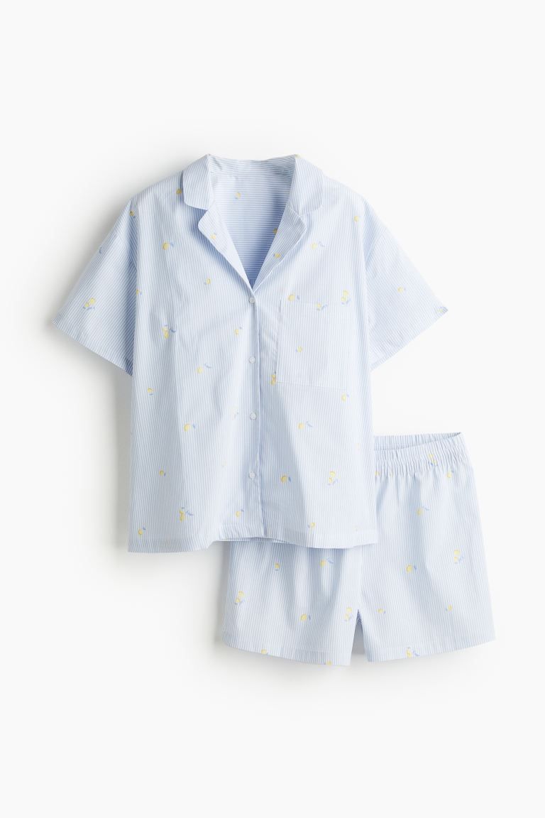 Pajama Shirt and Shorts - Short sleeve - Regular length - Light blue/striped - Ladies | H&M US | H&M (US + CA)