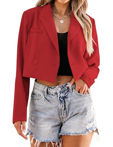 Luvamia Womens Fashion Lapel Cropped Blazer - Business Casual Open Front Red Blazer - Date Night Outfit - Medium (Fits Size 8/10) | Amazon (US)