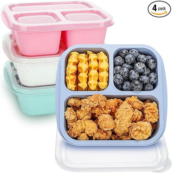 Bento Box For Kids, 4 Pack 3 Compartments Meal Prep Containers Reusable Lunch Containers, Food St... | Amazon (US)