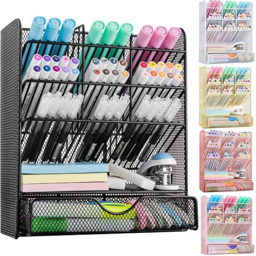 Spacrea Metal Pen Organizer, Pencil Holder for Desk, Desk Organizer with Drawer for School, Home,... | Amazon (US)
