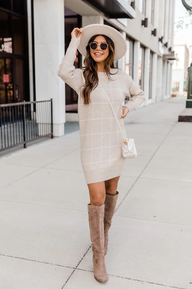 Lucky One Beige Geometric Sweater Dress | The Pink Lily Boutique