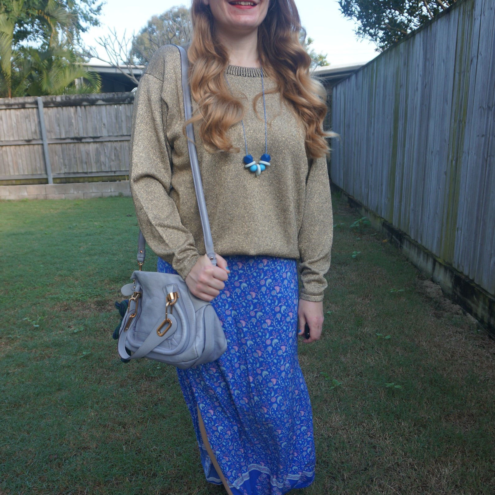 Vintage gold metallic Haneli junper with floral maxi skirt and Chloe Paraty bag 💙 

#LTKaustralia #LTKwinter #LTKbag