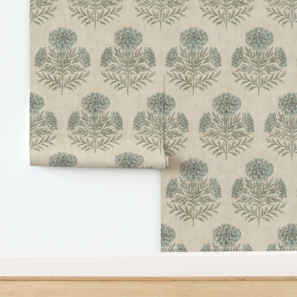 Wallpaper in Marigold - extra large - dusty blue and sage green | Spoonflower