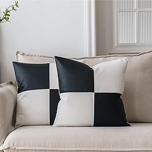 GEGELICA Black Faux Leather Patchwork Linen Plaid Throw Pillow Covers Modern Minimalist Farmhouse... | Amazon (US)