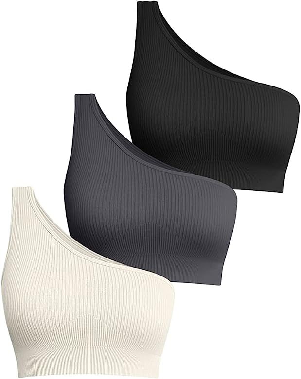 OQQ Women's 3 Piece Medium Support Crop Top One Shoulder Ribbed Seamless Removable Cups Workout E... | Amazon (US)
