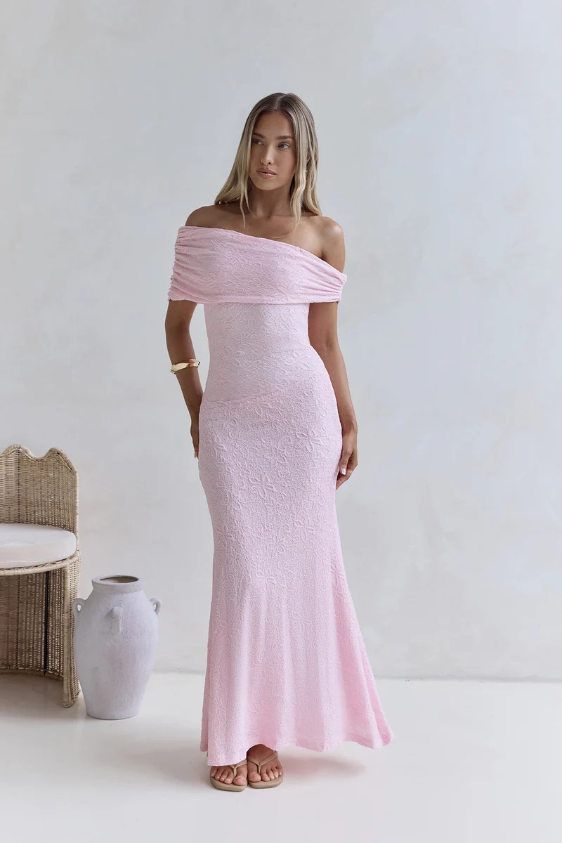Sea And Selfies Off Shoulder Maxi Dress Pink | Fortunate One