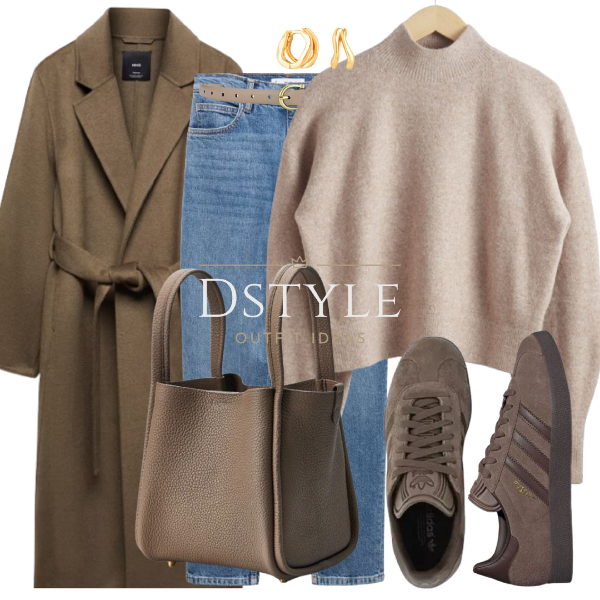 Casual chic in warm tones: Oatmeal mock-neck sweater, jeans, belted wool-mix coat, brown Adidas Gazelle, and the Song bag in taupe. 🍂✨ #NeutralStyle #EffortlessChic

#LTKshoecrush #LTKstyletip #LTKitbag