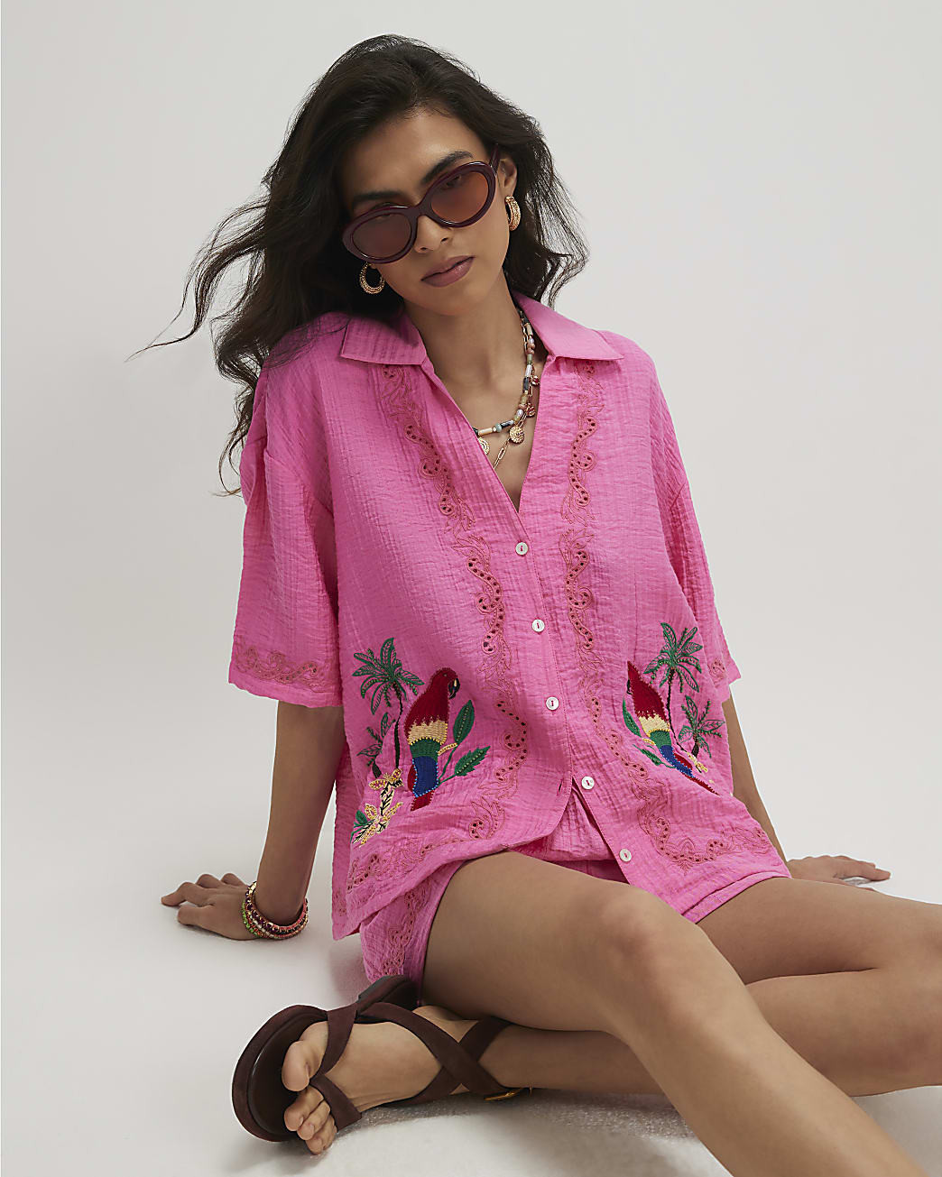 Pink Parrot Embroidered Broderie Top | River Island UK & IE