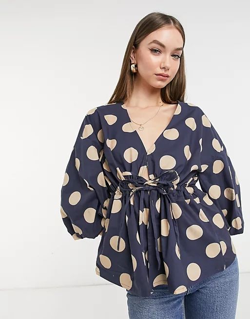 ASOS DESIGN kimono top in cotton with tie waist in dot print | ASOS (Global)