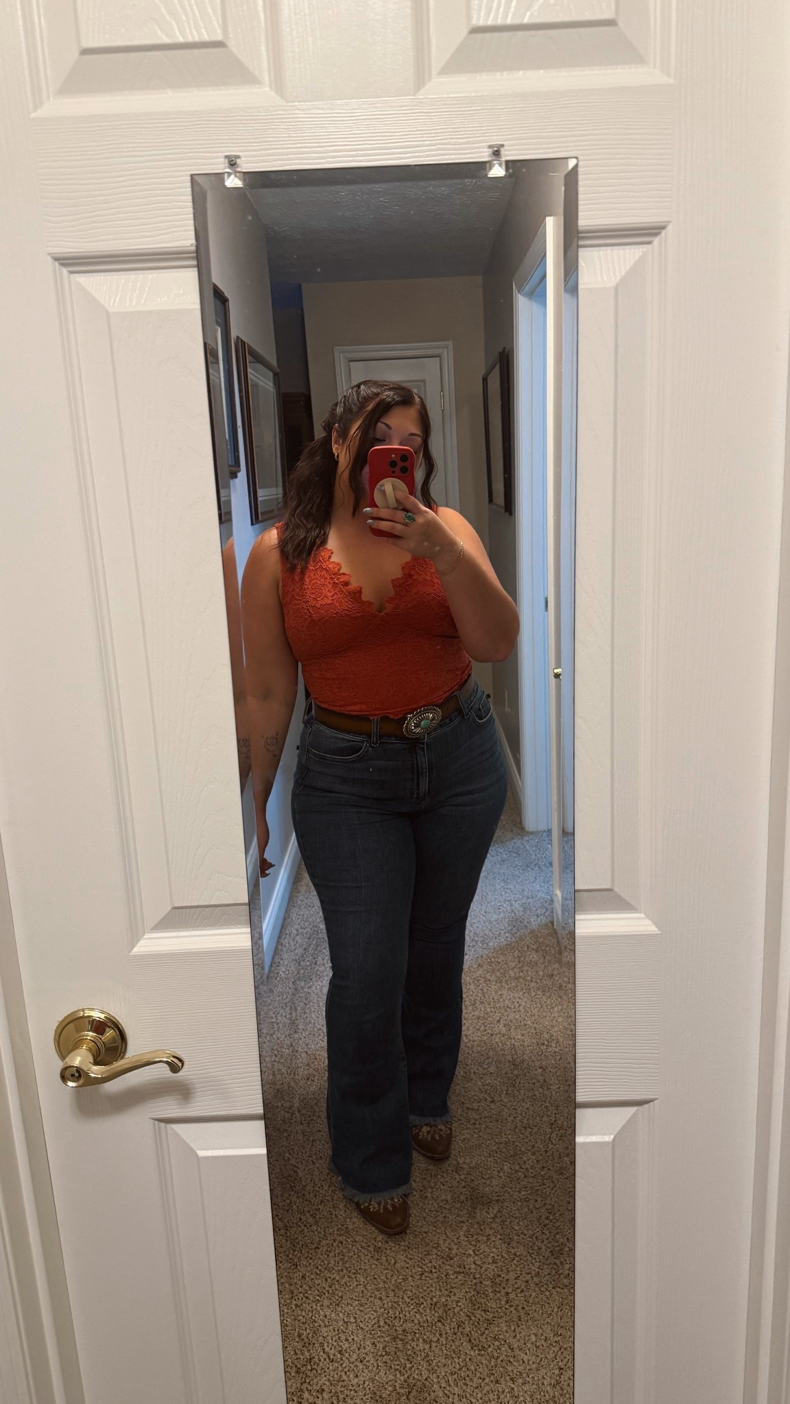 Cowgirl casual 🤠✨ This lace tank + dark wash flare jeans combo is one of my favorite easy outfits. I paired it with my turquoise belt and classic boots for the perfect everyday western look. Super flattering, comfy, and easy to dress up for a night out or keep casual for the day! 

Wearing a size XL in the top. A size 13 in the jeans, and a medium in the belt. 

#LTKootd #LTKdayinmylife #LTKMidsize