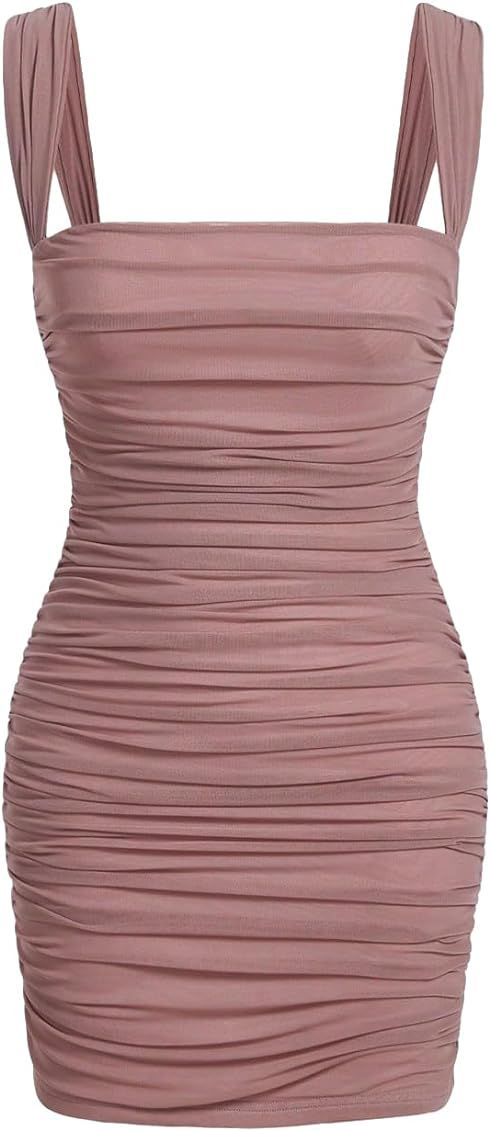 Verdusa Women's Elegant Sleeveless Square Neck Ruched Bodycon Short Dress | Amazon (US)