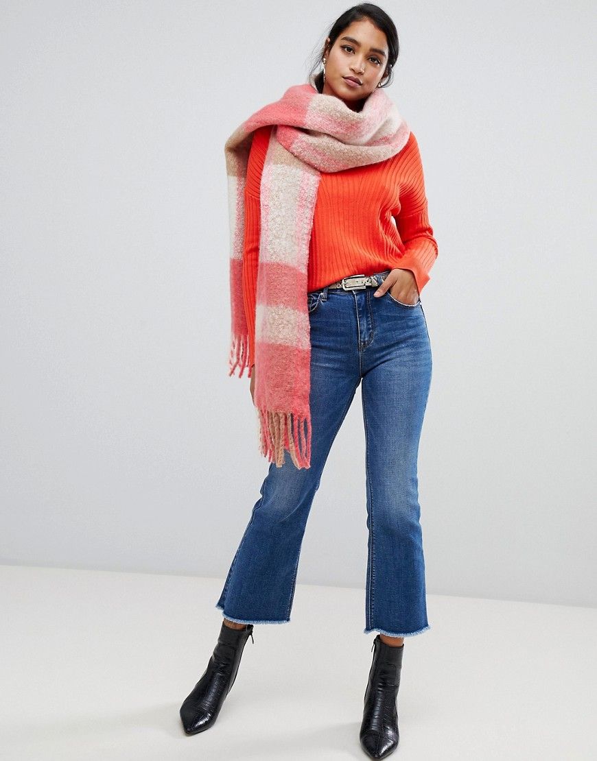 ASOS DESIGN woven long pink check fluffy scarf with tassels - Multi | ASOS US