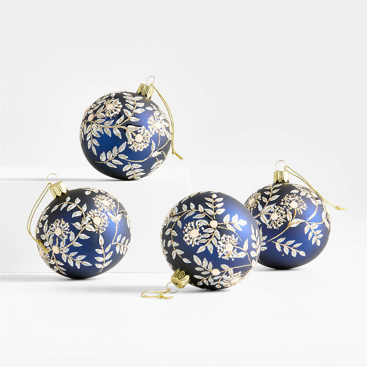 Blue and White Botanical Ball Christmas Tree Ornament, Set of 4 | Crate & Barrel | Crate & Barrel