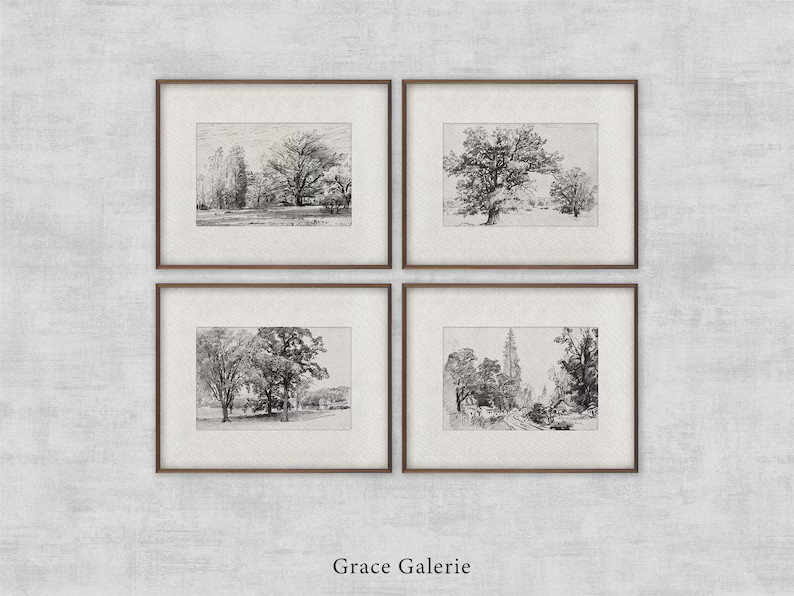 Vintage Gallery Wall Print Set Set of 4 Vintage Landscape Sketch Trees Vintage Etching Farmhouse ... | Etsy (US)