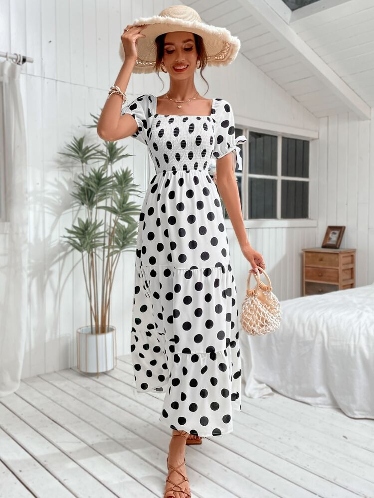 Polka Dot Shirred Bodice Puff Sleeve Ruffle Hem Dress | SHEIN