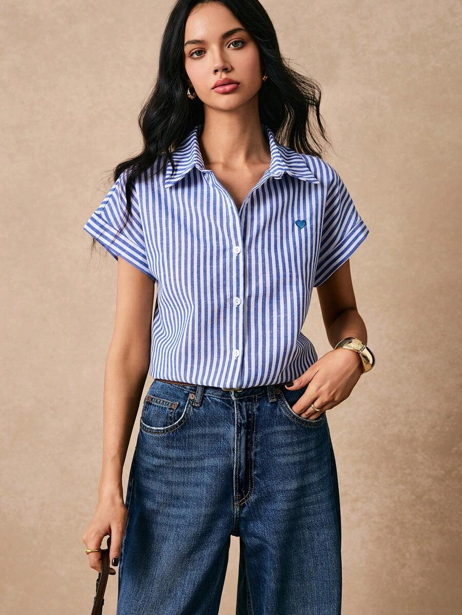 Poéselle Striped Heart Embroidery Button Front Shirt Spring Shirts Button Down Shirt Embroidered... | SHEIN