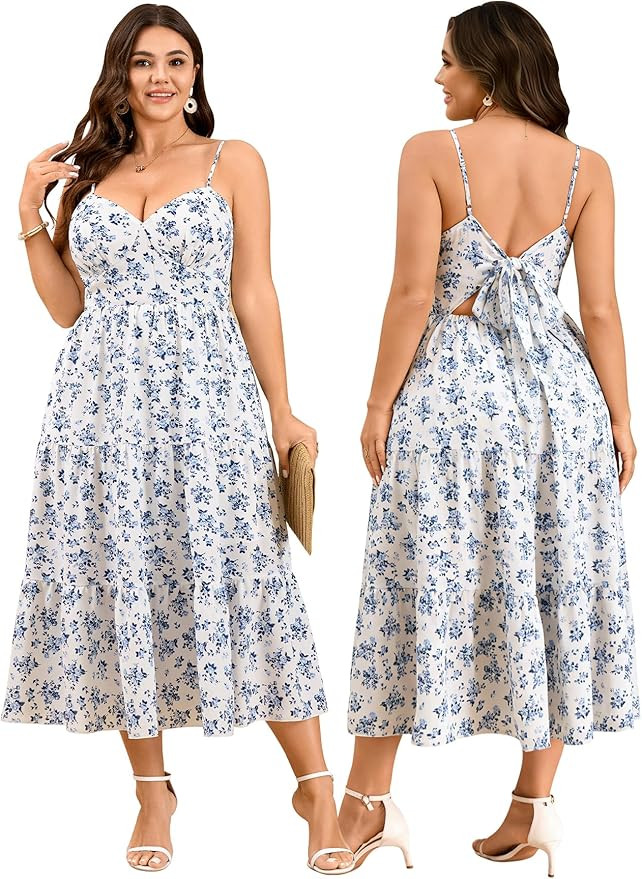 SCOMCHIC Plus Size Summer Boho Floral Maxi Sundress V Neck Spaghetti Strap Bow Tie Backless Flowy... | Amazon (US)