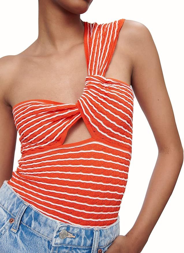 FIANUS Women's Sexy Striped One-Shoulder Knit Crop Tops Sleeveless Twist Y2K Cut-Out Criss Cross ... | Amazon (US)
