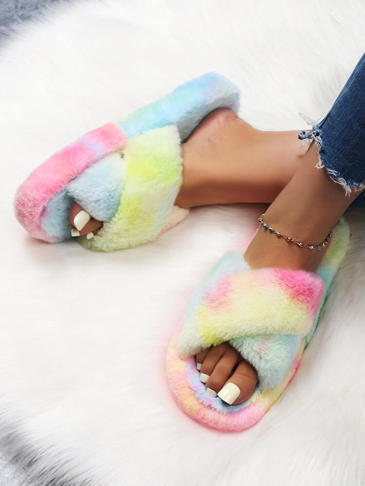 Ombre Cross Strap Fluffy Slippers | SHEIN