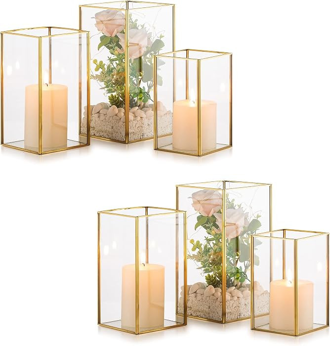 Nuptio Glass Hurricane Candle Holder Set of 6 Gold Pillar Candle Holders Large Rectangular Candle... | Amazon (US)