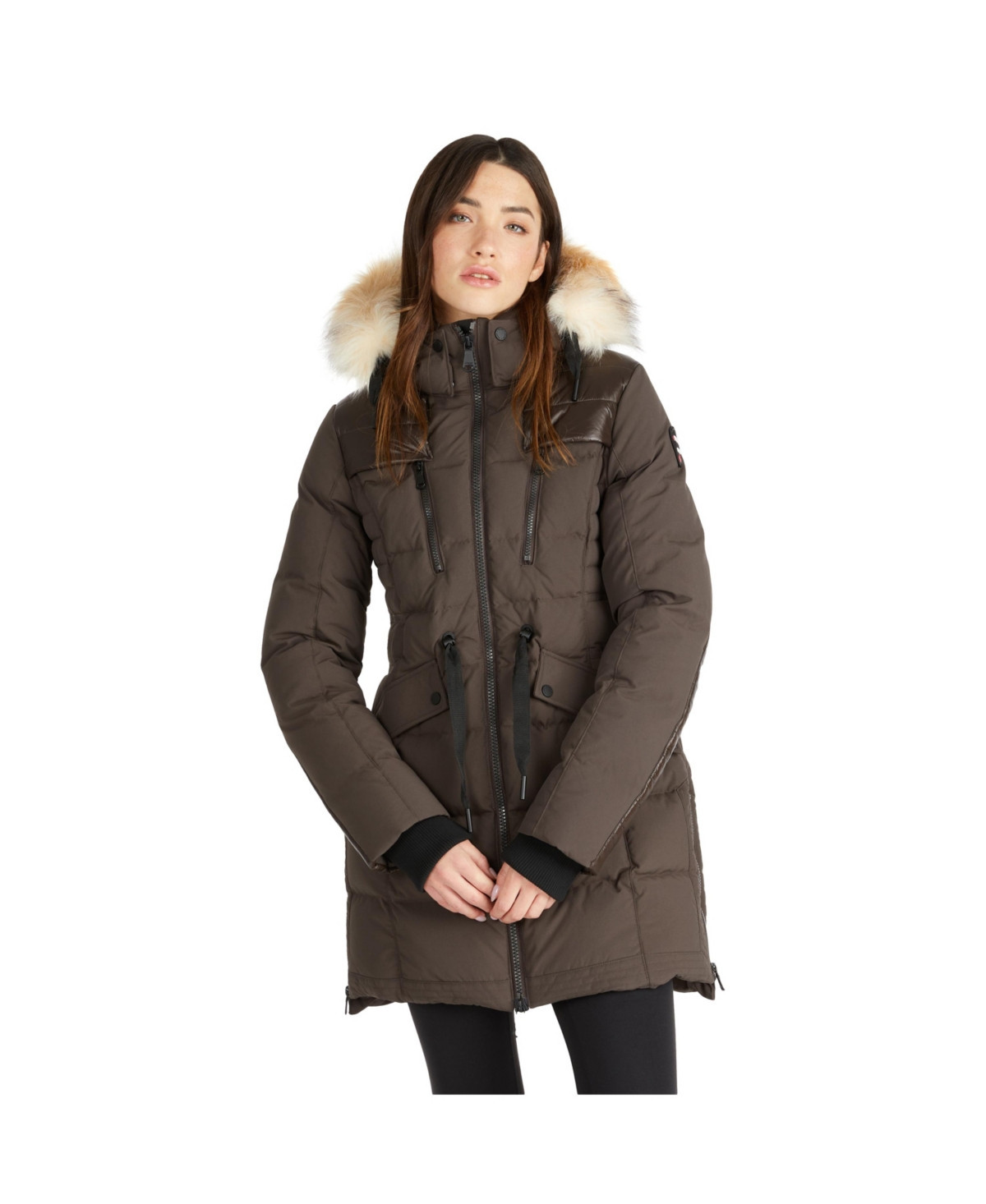 Pajar Women's Women's Alia Mixed Media Quilted Parka with Detachable Hood and Faux Fur Trim - Dark oak | Macy's