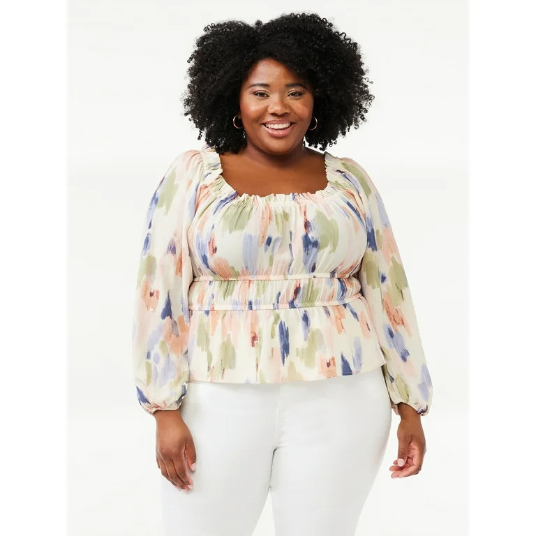 Sofia Jeans by Sofia Vergara Women's Plus Size Long Sleeve Peplum Square Neck Top | Walmart (US)