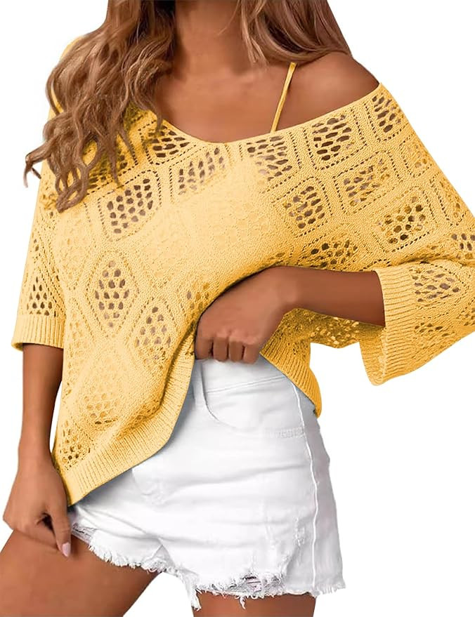 LOMON Womens 3/4 Sleeve Crochet Tops Off Shoulder Hollow Out Sweater V Neck Casual Loose Fit Beac... | Amazon (US)