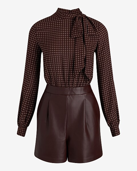 Printed Faux Leather Tie Neck Long Sleeve Romper | Express