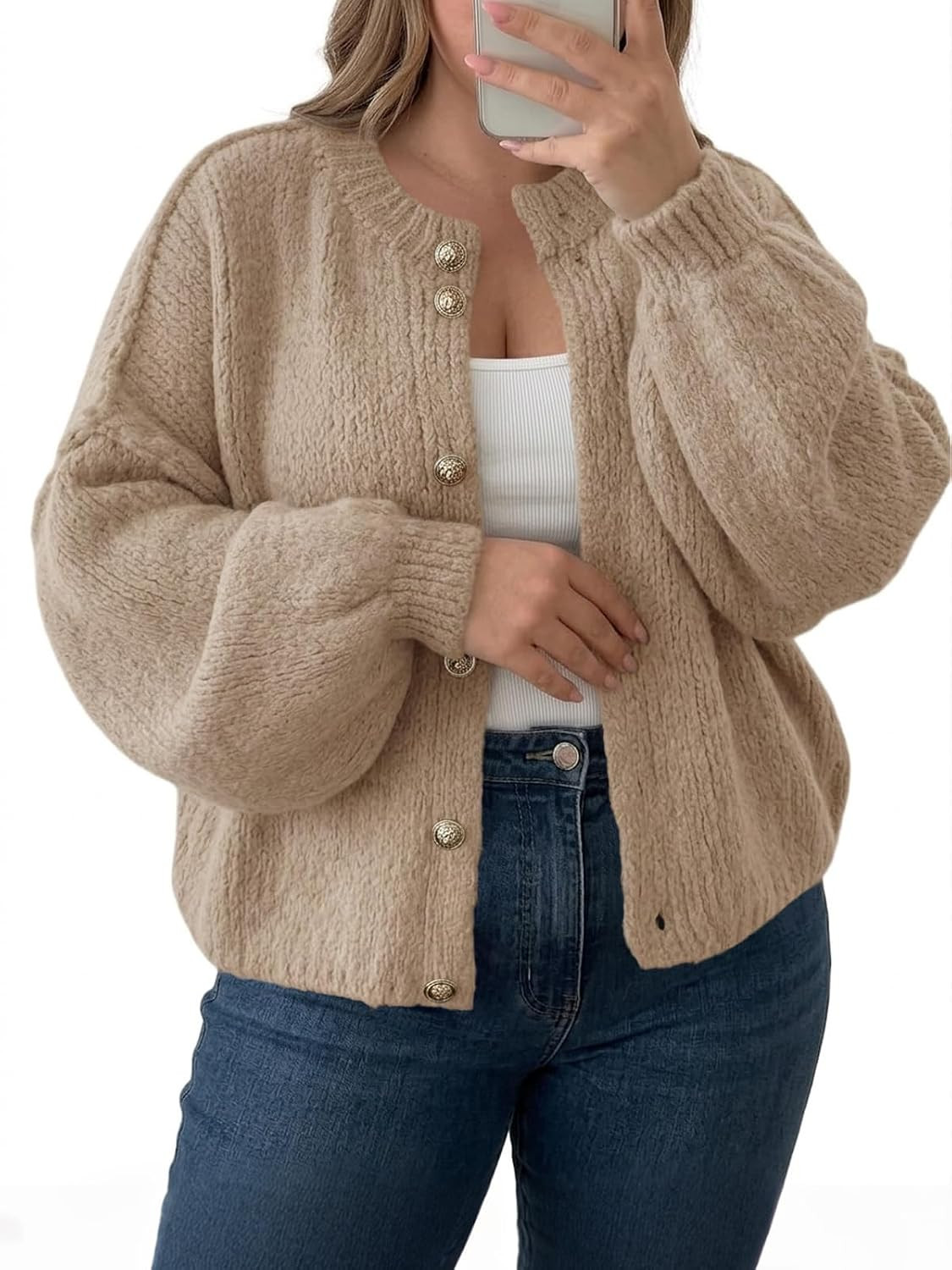 Beautife Womens Plus Size Button Up Lantern Long Sleeve Cardigans Sweater | Amazon (US)